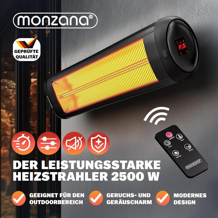 Інфрачервовий обігрівач MONZANA® MZH2501 з таймером, 2500W, 3 режими, 24 год, пульт ДУ, кут нахилу 90°, електричний, для тераси, чорний