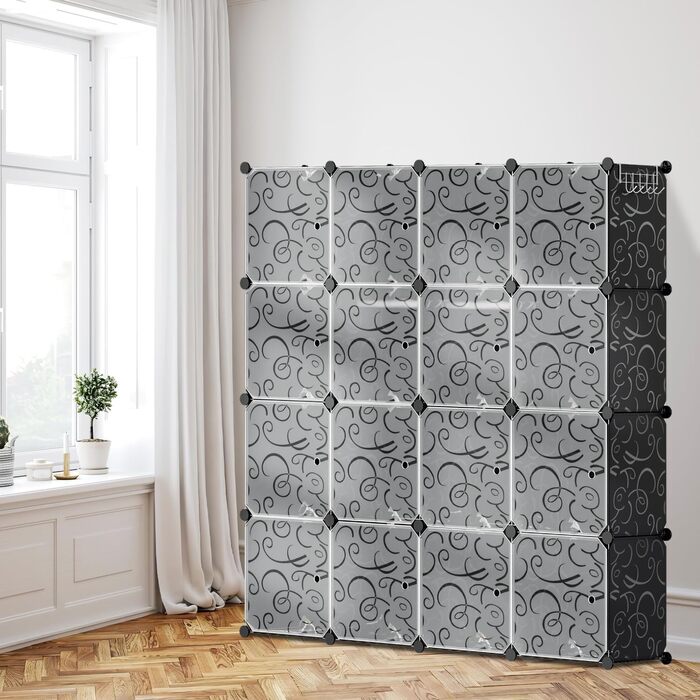 DIY Closet Shelf System with 16 Cubes, Wardrobe, Open Closet, Plastic Wardrobe with Doors, Wardrobe Cabinet, Black, 180 x 142 x 37CM (Black 16 Cubes with Clothes Hooks)