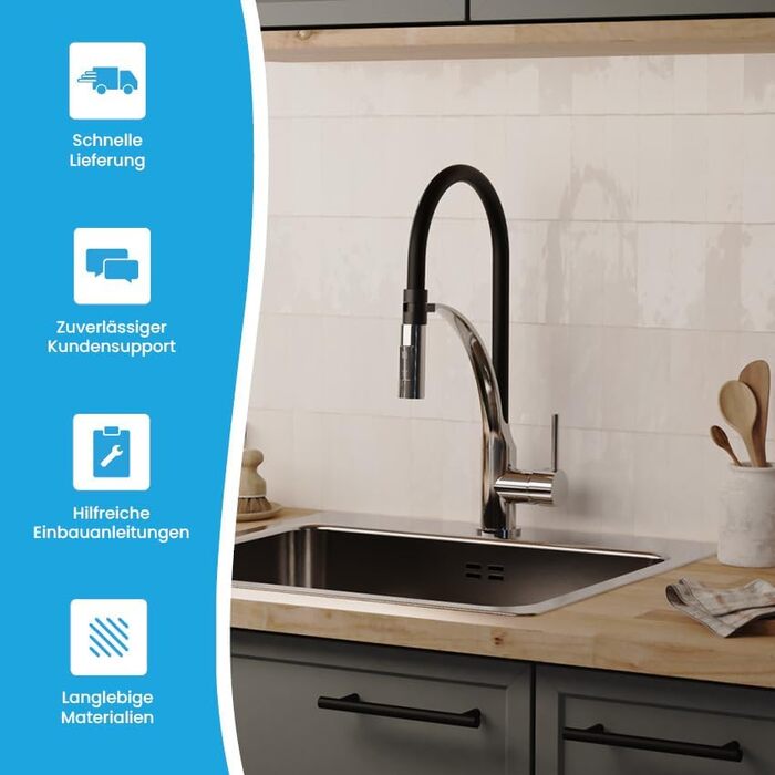 Кухонний змішувач Bächlein Nedo – поворотний на 360° з нержавіючої сталі, з гнучкою голкою та виливним гусаком з перемикачем, для кухні (гнучкий)