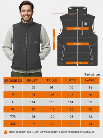 UNBON Гріюча жилетка з флісу, чоловіча жилетка з підігрівом, жилетка з Powerbank 10000mAh USB, 3 режими нагріву, 6 зон нагріву (M, сіра)