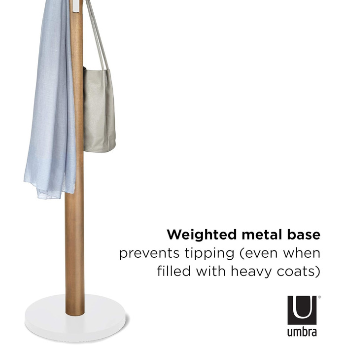 Umbra Flapper Coat Rack – Clothes Rack with 9 Drop-Down Hooks for Entryway and Office, Wood, White, 57.2 x 57.2 x 165.1 cm, White (White/Natural, Bundle with Umbrella Stand)