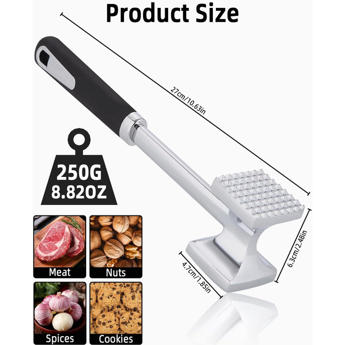 Тідеван Fleischhammer Fleischklopfer: Подвійний молоток для м'яса з нержавіючої сталі 27 см, Antihaft, для стейків, шніцелів, ковбасок, свинини, курки