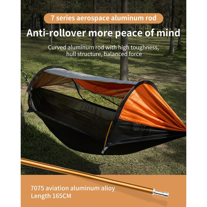 Гамак-намет для кемпінгу з москітною сіткою та сонцезахистом, 290x140 см, великий простір, легкий, з ременями для кріплення до дерева, підлоговий намет для відпочинку на природі, пікніків, походів, зелений (помаранчевий)