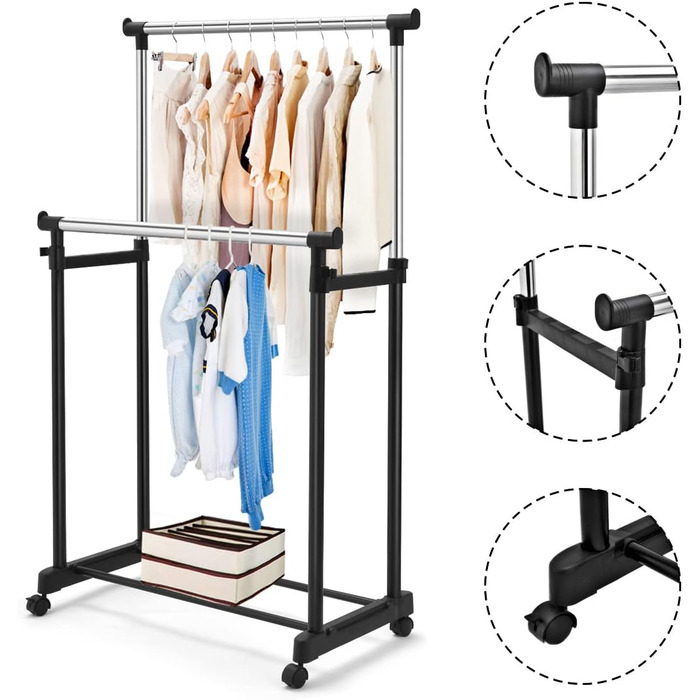 COSTWAY Clothes Rack with 2 Height-Adjustable Clothes Rods, Coat Rack on Wheels, Rolling Wardrobe, Clothes Cart, Stable Clothes Rack, 86 x 43 x 94-168cm, Black