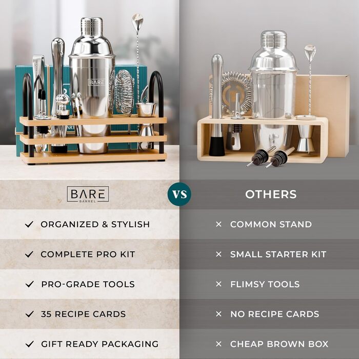Bare Barrel Mixology Bartender Set - 14 Piece Cocktail Shaker Set with Recipes - Home Bar Accessories & Gift Set