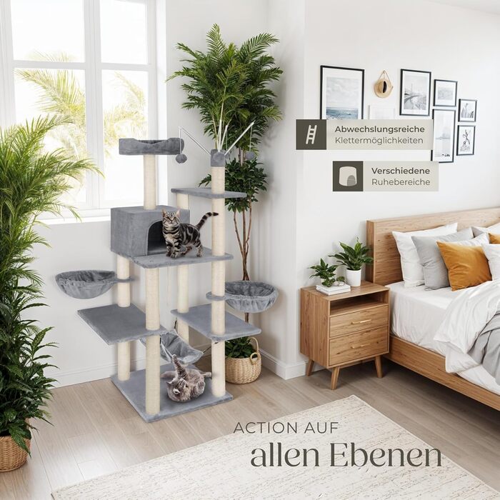 Тектейк® XXL Дерево для котів велике, з аксесуарами: лежанки, гамак, будиночок, іграшки, мотузка з сизалю, стійка для дряпання, висота 165 см, сірий | 402931