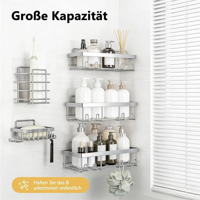 Підставка для душу без свердління, 5 шт. Тримач шампуню для душу з гачками, багаторазовий, самоклеючий, з нержавіючої сталі, органайзер для ванної кімнати, підходить для кухні, ванної, вітальні (сріблястий)