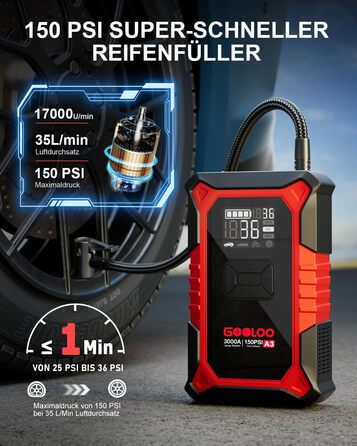 Powerbank з компресором GOOLOO A3 для автомобіля 12V (до 9.0L бензин/6.5L дизель), 3000A, 150PSI, LED дисплей