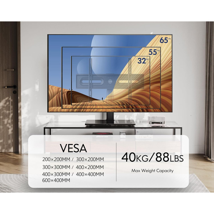 FITUEYES Adjustable TV Stand for 32-65 Inch TVs - Swivel & Height Adjustable - VESA 600x400 - White/Black