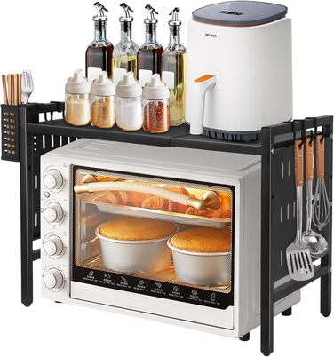 Поличка для мікрохвильової печі 3-рівнева, органайзер з гачками, розширювана, висувна (40-64см), з вуглецевої сталі (чорна, з перфорованим листком, 42-68*36*46см)