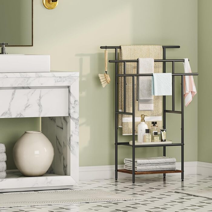 HOOBRO Стійка для рушників з 3 перекладинами, 2 полиці, для ванної кімнати, коричнево-чорна