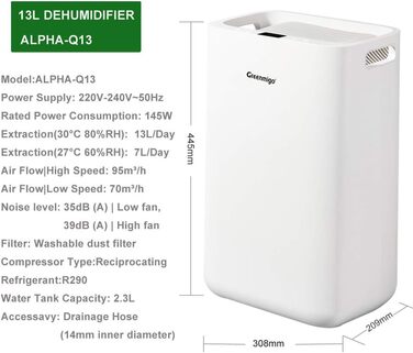 Електричний осушувач повітря Greenmigo 13л/24г - для дому, підвалу, шафи. Осушувач повітря для приміщень до 50м² - тихий, з функцією очищення повітря. Захист від вологи та плісняви.