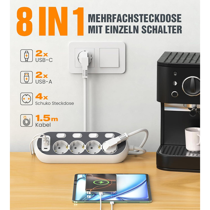 Мережевий фільтр з USB, індивідуальне вмикання розеток, 4 розетки, 2 USB-C, 8 в 1 з вимикачем, адаптер з кабелем 1,5м для кухні, дому, офісу