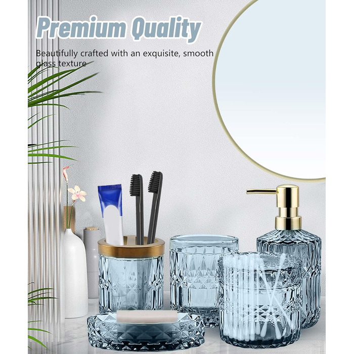 Набір аксесуарів для ванної кімнати Qivine 5 шт., блакитний: стакан для зубної пасти, дозатор мила, контейнер для ватних паличок. Сучасний набір скляних аксесуарів для ванної кімнати