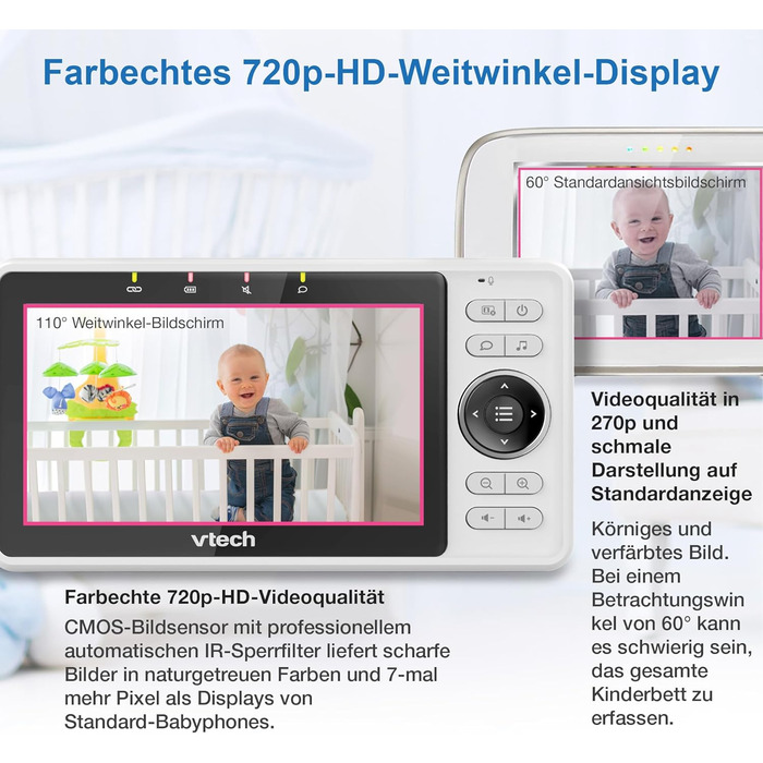 Vtech VM901-1W WiFi камера: розумний дитячий монітор з 5-дюймовим HD-дисплеєм, 1080P, поворотна камера, мобільний додаток, широкий кут огляду 120°, сумісність з iOS та Android