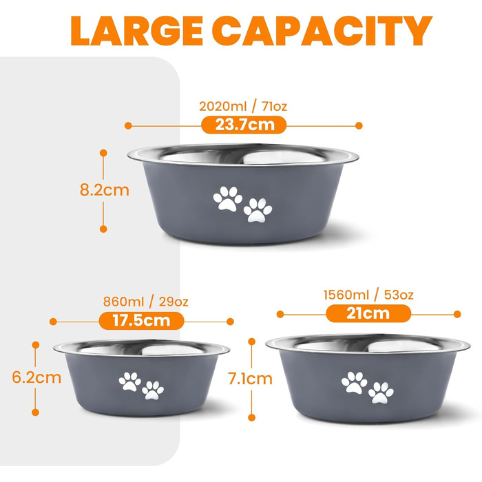 PETTOM Миски для собак 2 шт. з нержавіючої сталі (3120 мл), миски для корму для собак, великі, середні та малі породи, миски для води для собак, сірі, з неслизьким силіконовим дном, розмір M - 21 см