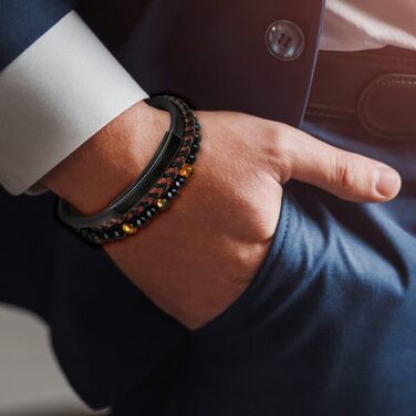 Чоловічий шкіряний браслет Lederarmband з магнітною застібкою з нержавіючої сталі, плетінка, коричнево-чорний, 20.5 см + Подарункова коробка