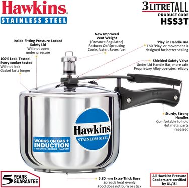 Hawkins Modell B 3 33 Hard Shell Cover L High Stainless Steel Pressure Cooker, small, silver