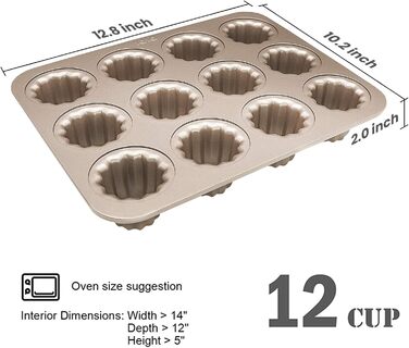 Canele Mold, Carbon Steel, 12 Cavities, Non-Stick, Canelé Molds, Baking Pans for Oven Baking, Cupcake