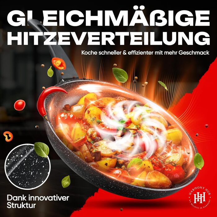 Сковорода HARMONY HUB 28 см з антипригарним покриттям, індукційна з індикатором нагріву, для всіх типів плит, довговічна, без PFOA (Чорна)