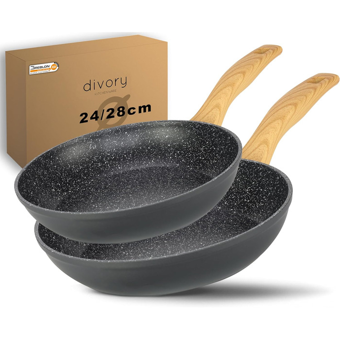 DIVORY Набір сковорідок 2 шт. (24, 28 см) з антипригарним покриттям для всіх плит – універсальні сковороди з безпечними ручками, придатні для миття в посудомийній машині (ручки: світле дерево)
