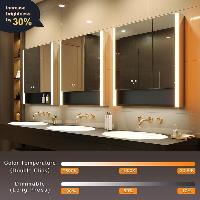 LED дзеркальна шафка у ванну кімнату KWW з підсвічуванням, регульованою температурою світла, антитуманним покриттям та USB-роз'ємами (2 дверцята, 80x70 см)