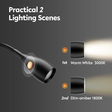 Світлодіодна настільна лампа Acegoo для читання з гнучким регульованим кронштейном (чорна) - 3000K, диммована, настінне кріплення, для спальні, книжок