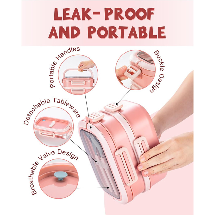 Ланчбокс Lille Home з 2 ярусами, 4 відділення, 1650 мл, з посудом, BPA-free, не протікає (Зелений) (Рожевий)