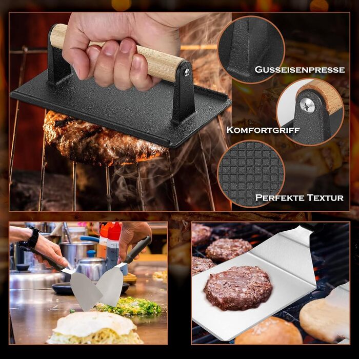 Набір шпателів для грилю з нержавіючої сталі (35 шт.) - набір для тепаньякі, сет для смаш-бургерів, з пресом для бургерів та аксесуарами для планчі, для грилю, пікніка, кемпінгу