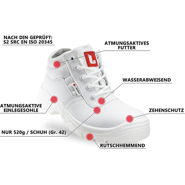 Безпечні робочі черевики Loop S2 білі, 42 EU - кулінарні черевики