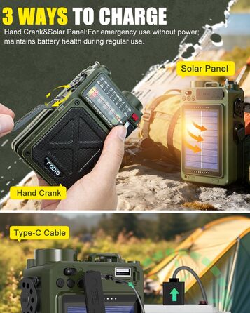 Радіо NOAA з живленням від сонця, USB, ручної динамо-машини 4000 mAh AM/FM/SW/WB – для кемпінгу та надзвичайних ситуацій, з ліхтариком та сигналом SOS