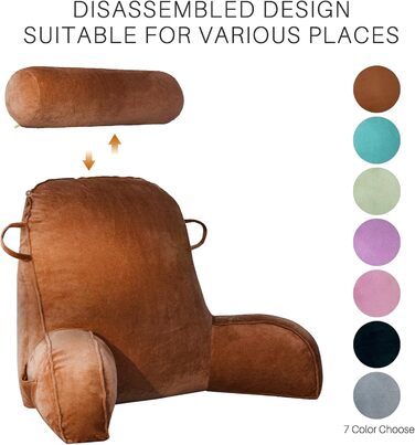Лежанка для читання з велюру для дорослих, подушка для спини та рук для ліжка, з кишенею та знімним чохлом (колір: кавовий)