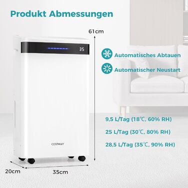 Вологопоглинач повітря COSTWAY з 4 режимами, 24-годинним таймером, вентилятором та режимом сну, 5л баком та зливним шлангом, LED-дисплеєм, для приміщень до 250м³ (100м²), продуктивність 28.5л/день