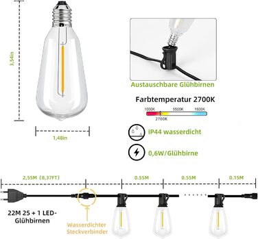 Ланцюжок вогнів AzureStar для зовнішнього використання, 15м, LED, ST38, IP44, 2700K (22м)