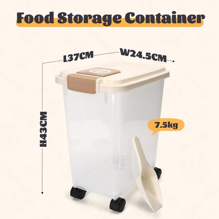 Контейнер для корму для собак та котів Nobleza з роликами, 20L, з індикатором дати, повітряний, прозорий