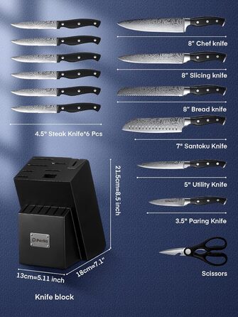 D.Perlla Self-Sharpening Knife Block Set - 14 Piece Stainless Steel Knife Set with Plastic Handle & Wood Block - Professional Kitchen Knife Set