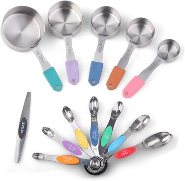 Magnetic measuring cup and spoon set, stainless steel, 5 cups and 7 spoons, with leveler (multicolored)
