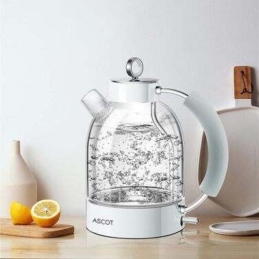 Електричний чайник ASCOT з боросилікатного скла, 2200W, 1.5L, без BPA, тихий, з функцією захисту від сухого кипіння та автоматичним вимкненням, білий