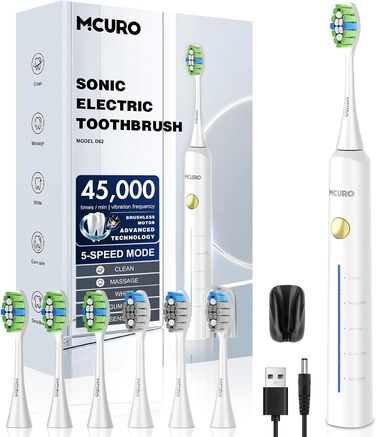 Електрична зубна щітка SonicClean 45000 VPM з 6 насадками, 5 режимів, таймер, індикатор заряду, відбілювання за 1 тиждень, 120 днів роботи від акумулятора
