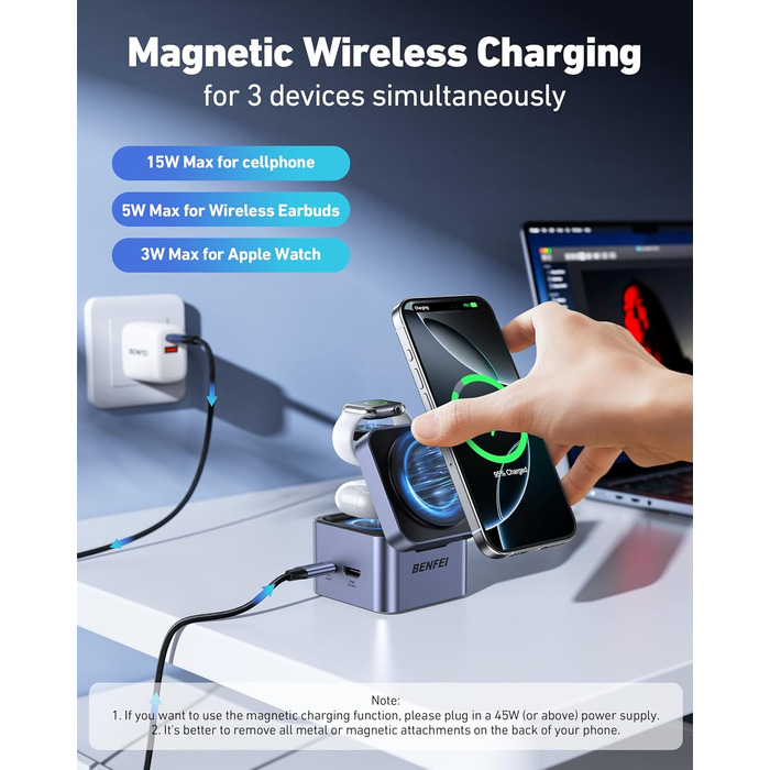 BENFEI 3-в-1 Станція зарядки MagSafe з USB-C хабом – для iPhone 16/15/14/13/12, Apple Watch та AirPods. HDMI (4K@60Hz), 100W PD, 2x USB 3.0 (5Gbps)