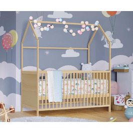 Bellabino Nika Babybett in House Design 70 x 140 cm, cot and house bed for children and babies made of solid pine wood in natural finish, 3-fold height adjustable including slatted base.
