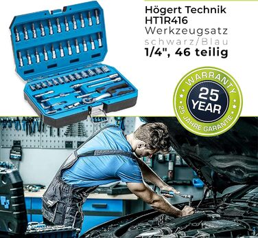 Набір інструментів HÖGERT TECHNIK 46 предметів: тріскачка, біти, насадки, аксесуари 1/4”, хром-ванадієва сталь, високоякісний, кований, 72-зубцева механіка, чорний/синій