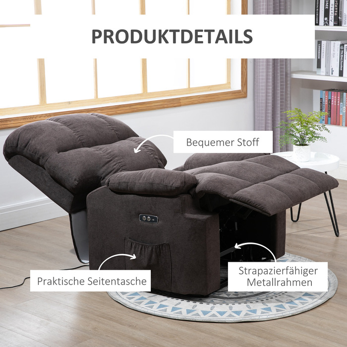 HOMCOM Electric Recliner TV Chair with Lift Assist, Reclining Function, USB Port, Padded TV Chair with Footrest, Side Pocket, Dark Grey | Aosom
