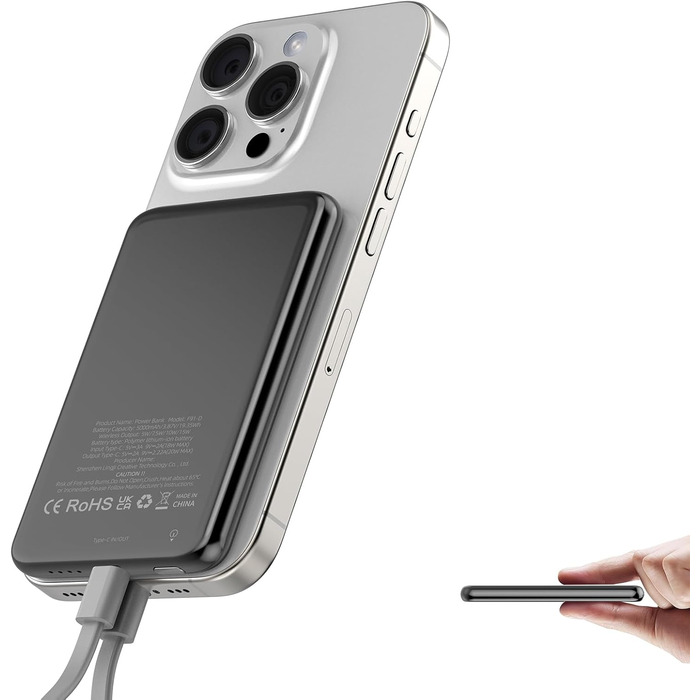 Power Bank MagSafe 5000mAh 20W PD з бездротовою зарядкою, USB-C, для iPhone 16/15/14/13/12, срібний