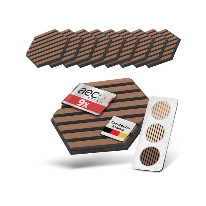 Акустичні панелі з натурального горіха самоклеючі, гексагон 30x26 см, набір 9 шт, чорний акустичний фетр, 3D панелі для шумоізоляції та оздоблення стін