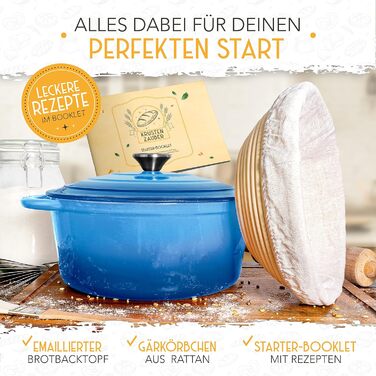 KRUSTENZAUBER Enameled Cast Iron Pot for Bread Baking [incl. Proofing Basket] - High-Quality Enamel Pot 26cm - Ideal cast iron pot for baking bread, cast iron bread baking pot, bread baking accessories Blue