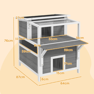 PawHut Cat Cave, Pine Wood Cat House, Cat House with Balcony, Entrances, for Cats up to 5 kg, Outdoor, 64 x 87 x 76 cm, Light Gray | Aosom