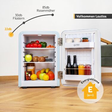 Холодильник мініатюрний TZS First Austria Retro 40L, блакитний. Безшумний, з підсвіткою та 2 полицями. Ідеально для кемпінгу, офісу, спальні, готелю.