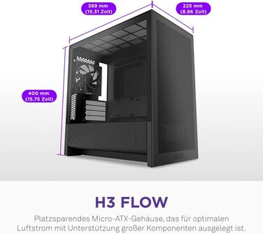 NZXT H3 Flow: Корпус для ПК Micro-ATX з оптимізованим повітряним потоком, 120мм вентилятор, підтримка Full-Size GPU, радіатори 280мм/240мм, чорний