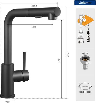 Змішувач кухонний CECIPA висувний з душем, нержавіюча сталь, 2 режими, 360° оберт, матовий чорний